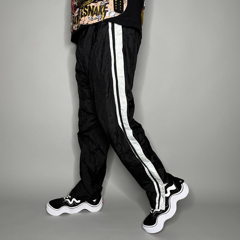 Vintage 90s Track Pants Mens M Baggy Flared Fit Jet Black Nylon White Lined